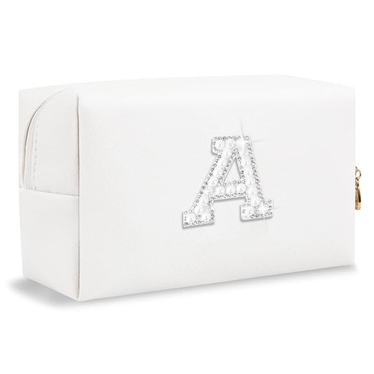 Bride Gifts – Personalized Initial Makeup Bag with Pearl Rhinestone Patch, Preppy White Monogram Cosmetic/Toiletry Pouch, bridesmaid Gifts, Bridal Shower Gifts, Wedding Gifts, Bridal Gifts,A