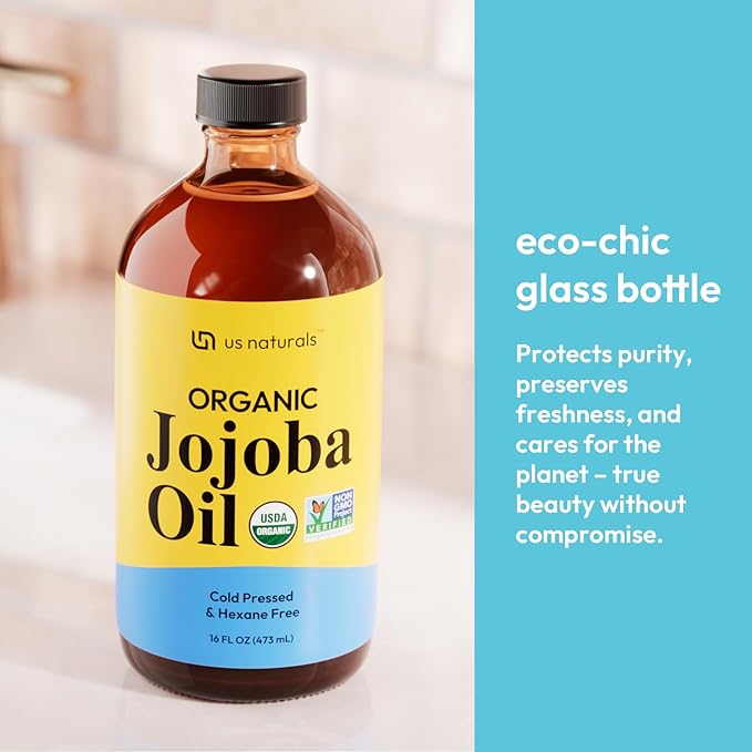16oz Organic Jojoba Oil – Glass Bottle – USDA Certified Organic & Non-GMO – 100% Pure, Cold-pressed, Unrefined, Hexane-free – Premium Glow-Boosting Oil