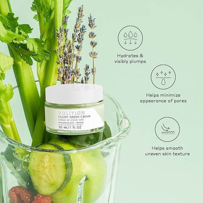 Volition Beauty Celery Green Cream with Hyaluronic Acid + Peptides - Purifies, Minimizes Pores and Controls Oil - 1oz