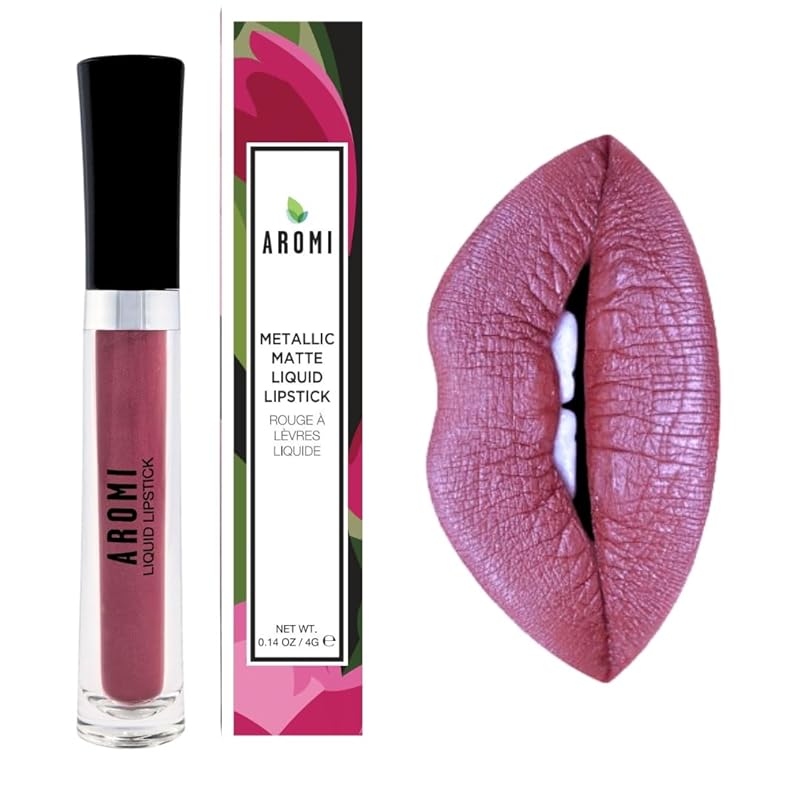 Aromi Metallic Liquid Lipstick | Chestnut Rose Lip Color with Shimmery Finish, Long-lasting + Long Wear, Smudge Proof, Waterproof, Vegan, Cruelty-free (Burgundy Quartz)