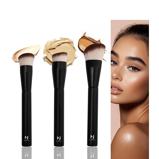 Professional Foundation Brush Set for Liquid Makeup - 0.06mm Ultra-Fine Bristles | Concealer Blush Contour Liquid Cream Blending Angled Shape | No Shedding & Easy Clean | Kabuki Makeup Brushes (3 pcs)