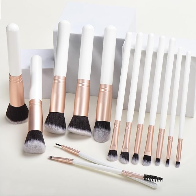 14 Piece white Makeup Brushes - Wooden Handle with Soft Synthetic Bristles,for Face & Eye Makeup|Professional Makeup Brushes set for Women & Girls|