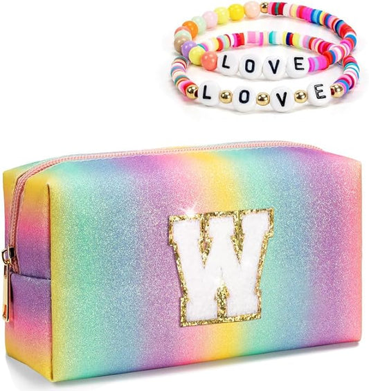 Gifts for Girls Teen Girls, Preppy Travel Makeup Bag, Personalized Initial Toiletry Bag, Cute Cosmetic Pouch with Zipper, Monogrammed Birthday Gift for Daughter, Trendy Things (Large)