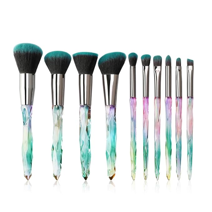 Makeup Brushes Crystal Handle Set, Tenmon 10 PCS Crystal Transparent Handle Kabuki Powder Foundation Brush Concealer Eye Shadow Eyeliner Eyebrow Brush (Green)