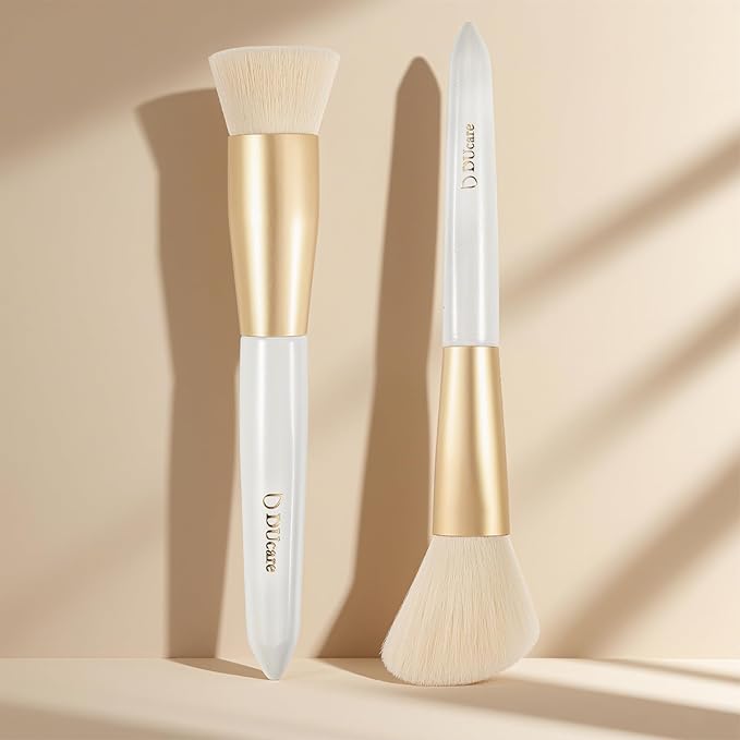 Ducare Foundation Brush and Angled Blush Brush 2Pcs Makeup Brushes Set, Premium Flat Top Kabuki Brush Fluffy Blush Brush for Cheek for Quick Blending Makeup Setting