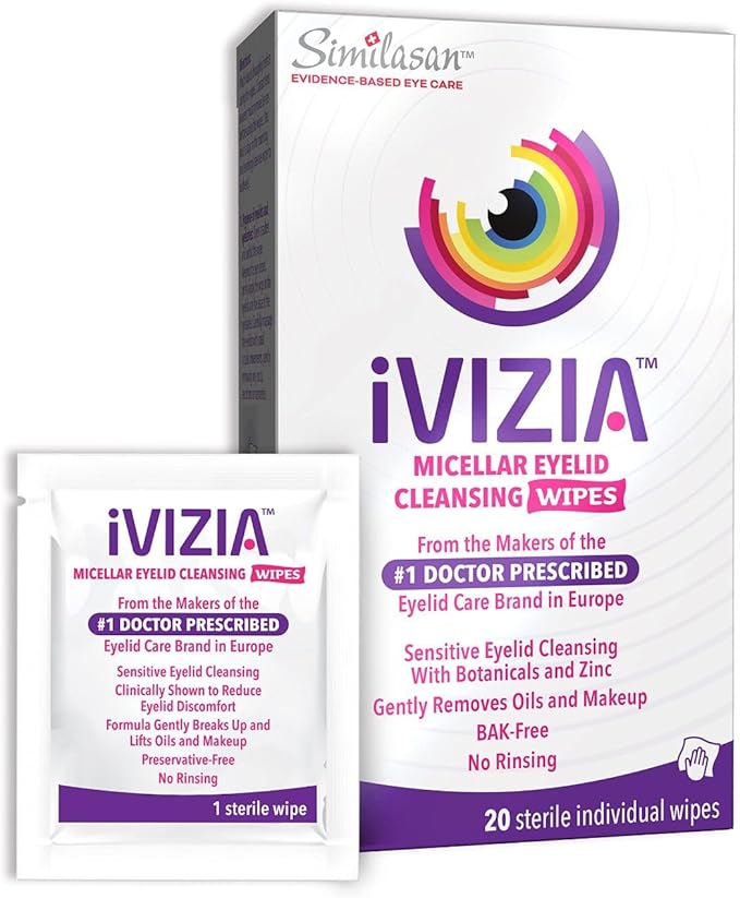 iVIZIA Eyelid Cleansing Wipes for Sensitive Eyelid Cleansing, Preservative-Free, Micellar, No Rinse, Gentle Eye Makeup Remover, 20 Sterile Single-Use Wipes for Eyelids Packaging May Vary