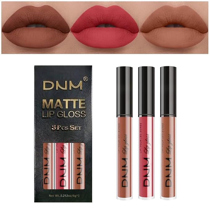 AMY'S DIARY 3Pcs Matte Liquid Brown Lipstick Sets, Brown Lip Stain Long Lasting 24 Waterproof Lip Gloss Makeup Gift Set for Women Lippies(Set09)