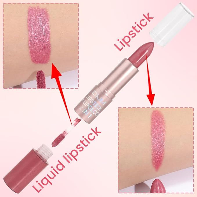 evpct 2 in 1 Natural Nude Pink Glitter Metallic Shimmer Diamond Lipstick and Lip Gloss Set for Women Long Lasting Waterproof, Warm Rose Pink Sparkle Glitter Shiny Lipstick and Lip Liner Makeup Set, 05