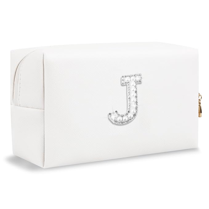 Bride Gifts – Personalized Initial Makeup Bag with Pearl Rhinestone Patch, Preppy White Monogram Cosmetic/Toiletry Pouch, bridesmaid Gifts, Bridal Shower Gifts, Wedding Gifts, Bridal Gifts,J