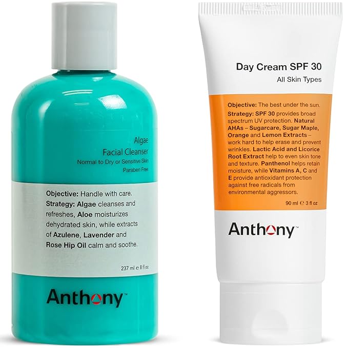 Anthony Day Cream SPF 30, 3 Fl Oz Algae Facial Cleanser, 8 Fl Oz.
