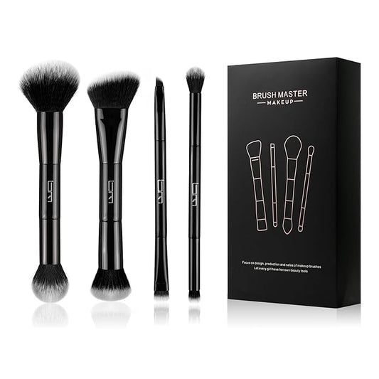 4Pcs Duo End Makeup Brushes, Foundation, Powder, Contour, Concealer, eye makeup Brush, Double-ended Multi-functional Synthetic Cosmetic Tools Makeup Brushes(Black)