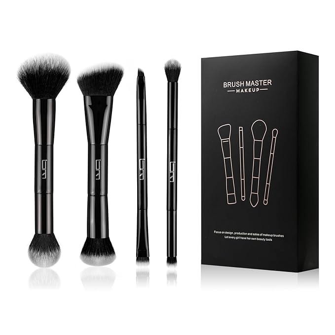 4Pcs Duo End Makeup Brushes, Foundation, Powder, Contour, Concealer, eye makeup Brush, Double-ended Multi-functional Synthetic Cosmetic Tools Makeup Brushes(Black)
