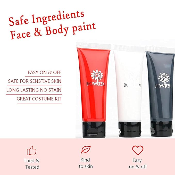 Bowitzki Halloween Makeup Set Special Effects Kit Cream Face Paint Water Based Liquid Latex Fake Blood Brush Sponges Body Painting SFX Zombie Vampire Monster Christmas Party (No Scar Wax)