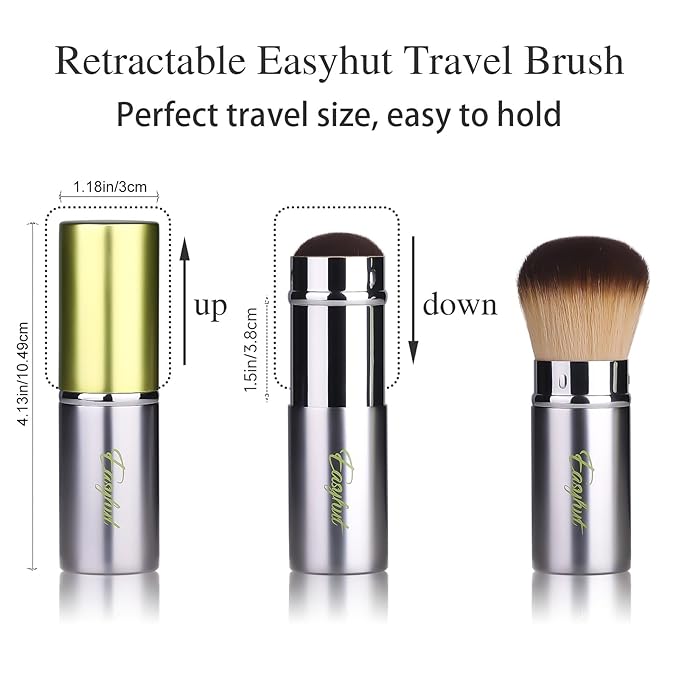 Retractable Kabuki Makeup Brushes 2 Pcs Blush Brushes Set Portable Powder Brushes with Flat and Angled Top for Liquid Cream Cosmetics Travel. (Silver Green)