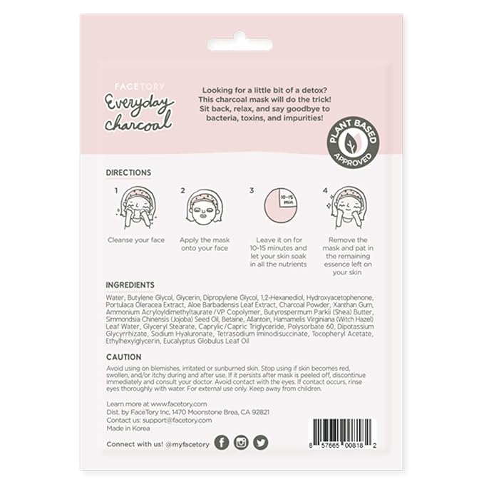 FACETORY K Beauty Face Mask Skin Care - Everyday CHARCOAL Detoxifying Sheet Mask | Plant-Based Charcoal Face Mask (5 Pack)