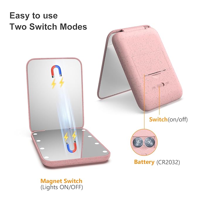 Kintion Wheat Straw Pocket Mirror, 1X/3X Magnification Travel Mirror for Purse, Lighted Plastic Fiber Mirror, Folding Handheld Mirror, Small Lighted Compact Mirror for Gift, Pink