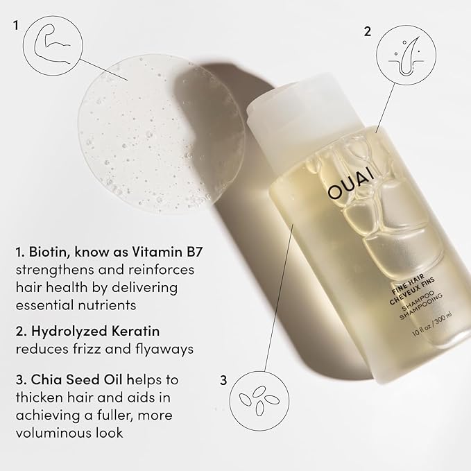 OUAI Fine Hair Shampoo & Conditioner Set, Travel Size - Volumizing Shampoo & Conditioner - With Strengthening Keratin, Biotin & Chia Seed Oil - Sulfate, Paraben & Phthalate Free (3 Oz)
