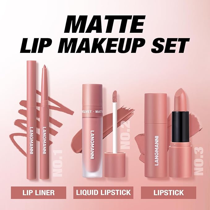 LANGMANNI 3 in 1 Matte Velvet Lipstick Set-Lip Liner,Lip Gloss and Lipstick Combo,Perfect for Natural Lip Contour,Waterproof And Longlasting Effect Lip Makeup,Unique Festival Gift (#01+03+05)