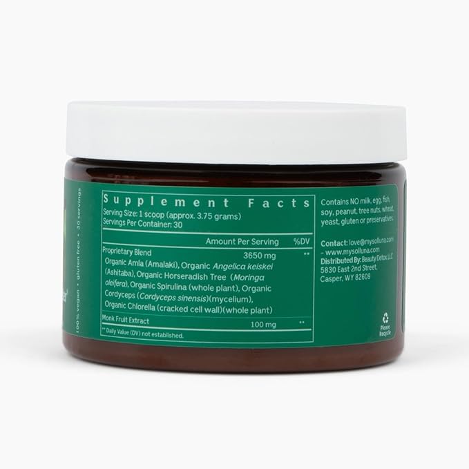 Solluna by Kimberly Snyder Greens Superfood Powder with Spirulina, Cordyceps, Chlorella, Moringa, Ashitaba, Amalaki, Monk Fruit — Vitamins & Minerals for Energy & Mood (30 Serv) Vegan & Non-GMO