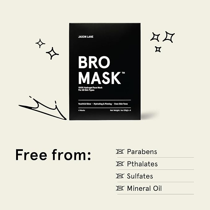 JAXON LANE BRO MASK Korean Face Mask for Men: Premium Mens Face Mask Skin Care & Facial Anti Aging Sheet Masks with Hydrogel, Vitamin C & E, Hydrating Hyaluronic Acid & Hydrolyzed Collagen (4 Pack)