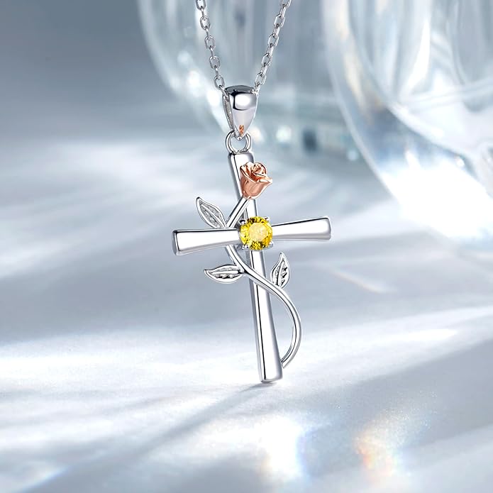 Cross Necklace for Women, 925 Sterling Silver Birthstone Necklace for Women with Rose Flower Birthstone Womens Jewelry Birthday Gifts for Wife Women