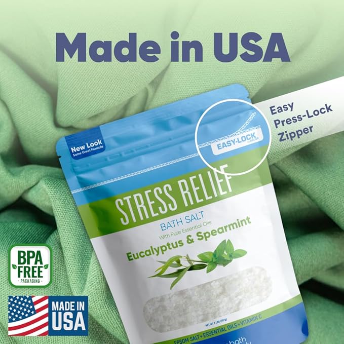 Stress Relief Bath Salt 32 Ounces (2 Lbs) USP Grade Epsom Salt with Natural Spearmint and Eucalyptus Essential Oils Plus Vitamin C in BPA Free Pouch with Easy Press Lock Seal Made in USA