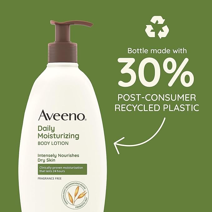 Aveeno Daily Moisturizing Body Lotion for Dry Skin with Prebiotic Oat, Fragrance & Paraben Free, Non-Greasy, Non-Comedogenic, for Sensitive Skin & 48-Hour Moisturizer 18 Fl Oz