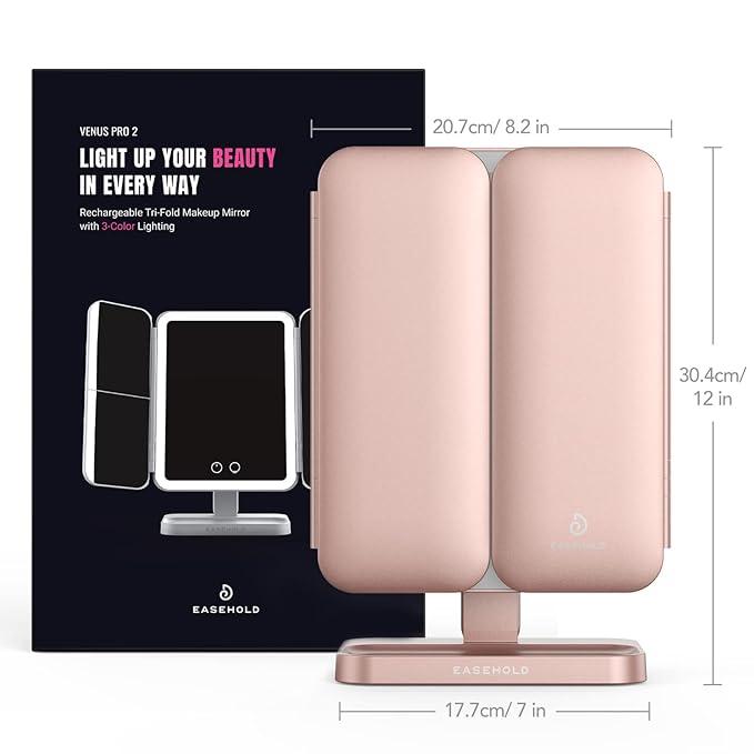 EASEHOLD Rechargeable Vanity Mirror with Lights, 116 LEDs Make up Mirror, 3-Color Lighted Makeup Mirror, 2X/3X/10X Magnification, 5000 mAh, Touch Sensor, Light up Mirror, Gifts for Women