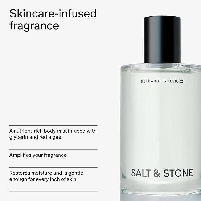 Salt & Stone Body Mist, Bergamot & Hinoki Scent, Skincare Infused Perfume Hair & Body Spray for Women and Men, Hydrating Fragrance with Glycerin and Red Algae, Vegan, Cruelty Free, 3.4 fl oz