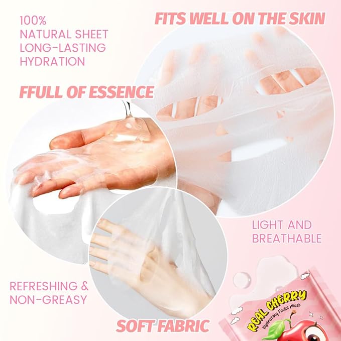 8 Pack Cherry Kids Face Mask,Pink Face Masks Skincare Spa Day Kit Supplies,Spa Party Favors for Teens Girls Women,Sheet Facial Mask Skincare Gifts Set,Moisturize Soothe for All Skin Types