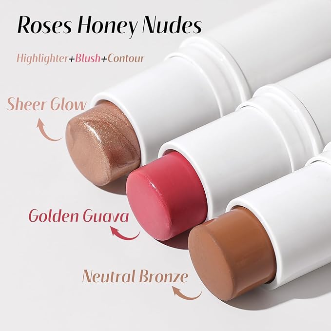KIMUSE Multi Stick Trio Face Makeup, Cream Blush Stick for Cheeks & Lips, Contour Stick & Highlighter Makeup Sticks for All Skin