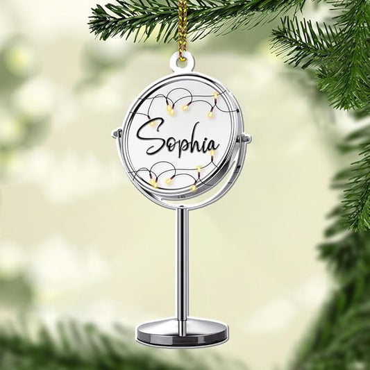 Personalized Name Makeup Mirror Shape Acrylic Flat Ornament, Makeup Ornament, Girl Makeup Artist Christmas Ornament, Makeup Stylist Ornament 106