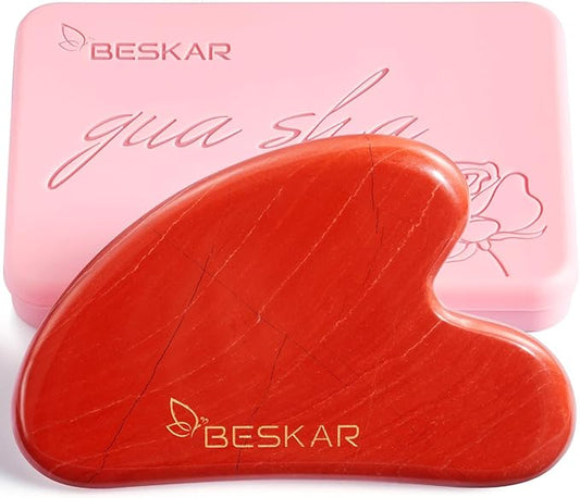 BESKAR Gua Sha Facial Tools, Natural Jade Stone Guasha Massager for Jawline Sculpting, Tighten Face Skin and Reduce Wrinkles, Face Eyes Body Neck Massage Tool, Skin Care Gift (Red)