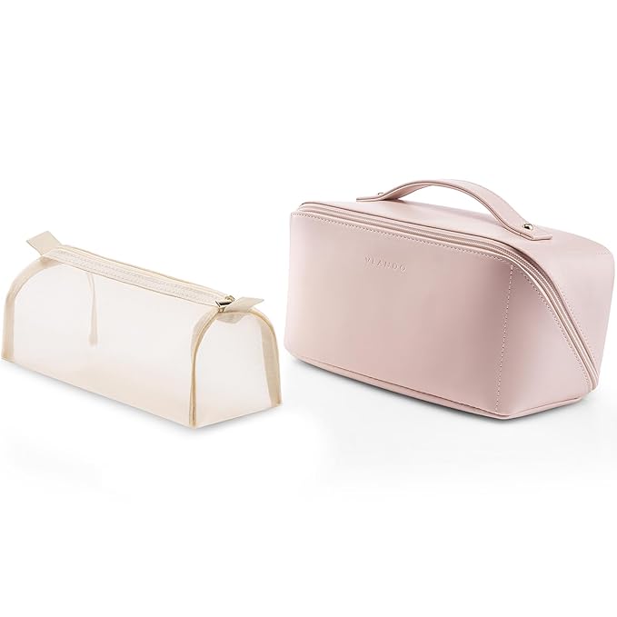 Vlando Makeup Bag,Large Capacity Toiletry Bag for Women Waterproof Portable Make up Pouch PU Leather Open Flat Cosmetic Bag(Pink)