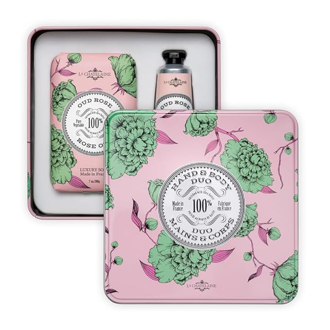La Chatelaine Oud Rose Triple Milled Bar Soap and 20% Shea Butter Hand Cream Gift Set, Gift for Mom, Decorative Tin, Plant-Based, Natural & Organic, Made in France (7 oz. soap bar, 1 oz. hand lotion)