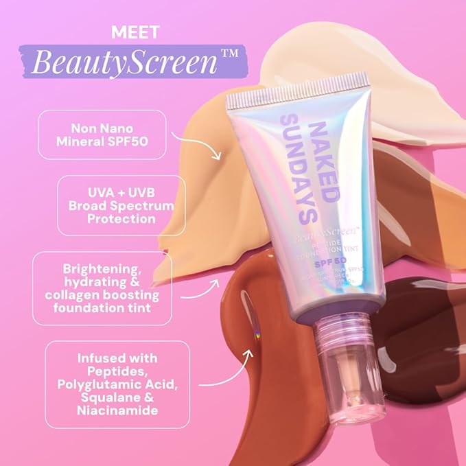 Naked Sundays BeautyScreen™ SPF 50 Mineral Peptide Foundation Tint – 2-in-1 Skin Tint & Mineral Sunscreen | Radiant, Buildable Coverage, Acne-Safe, Infused with Peptides (9 Rich Mahogany, 1.01 oz)