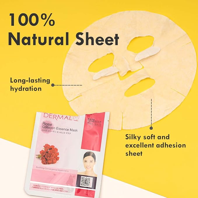 DERMAL Korean Collagen Face Mask – Hydrating & Soothing Sheet Mask with Panthenol – Hypoallergenic Calming Moisture Care for All Skin Types – 16 Combo Pack B