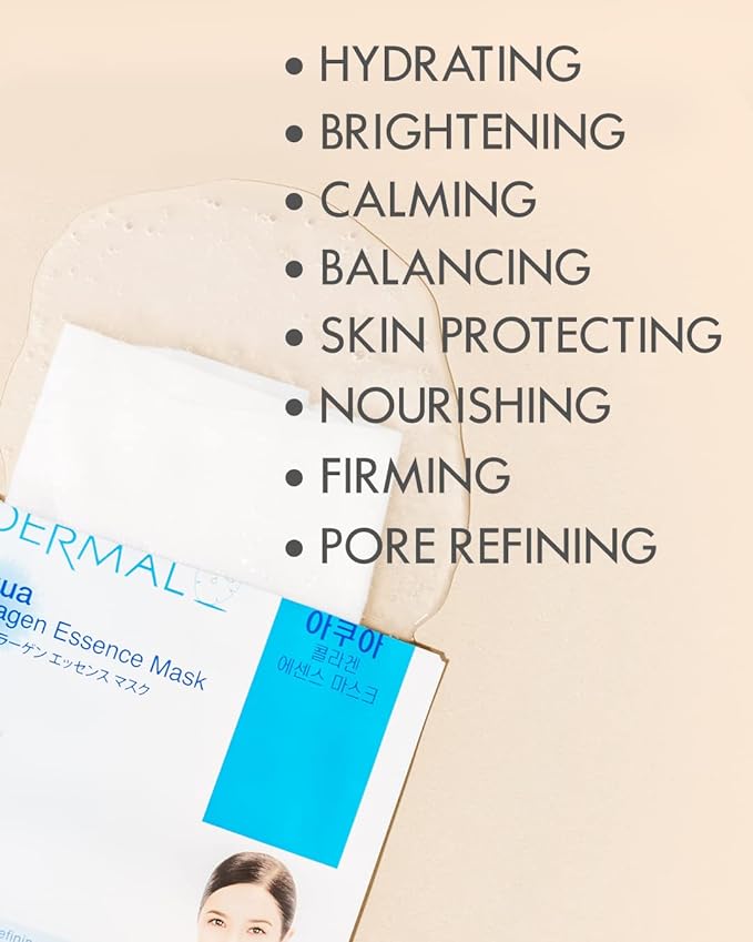 DERMAL Korean Collagen Face Mask – Hydrating & Soothing Sheet Mask with Panthenol – Hypoallergenic Calming Moisture Care for All Skin Types – 32 Combo Pack