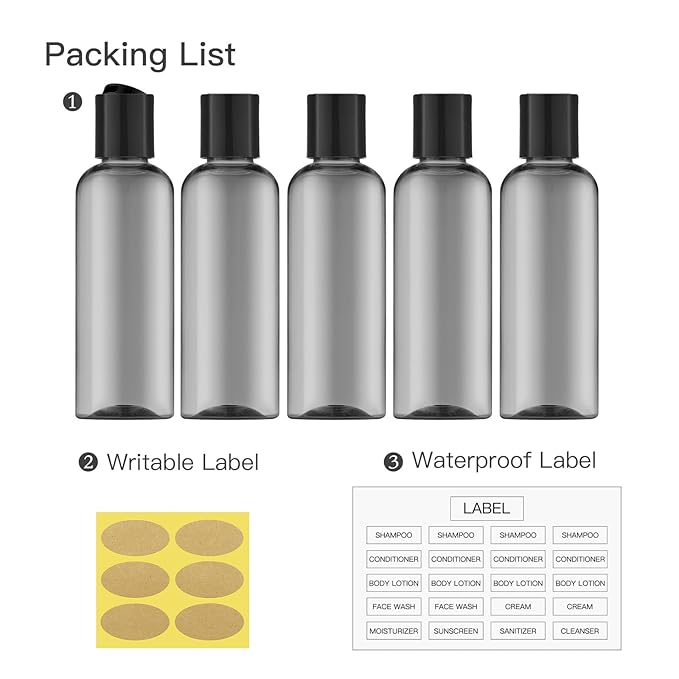 Travel Bottles for Toiletries 3.4 oz - Travel Size Containers for Shampoo Plastic - Small Empty Lotion Squeeze Bottle for Liquid TSA Approved - Leak Proof Mini Conditioner Refillable Black 100ml