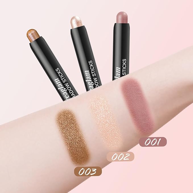 Eyeshadow Stick 3Pcs Set, Waterproof & Crease-Proof, Easy Blendable Makeup Pencil for Beginners, Color Includes Matte Dusty Pink & Shimmer Peach & Fenugreek, 1.9g Each Stick