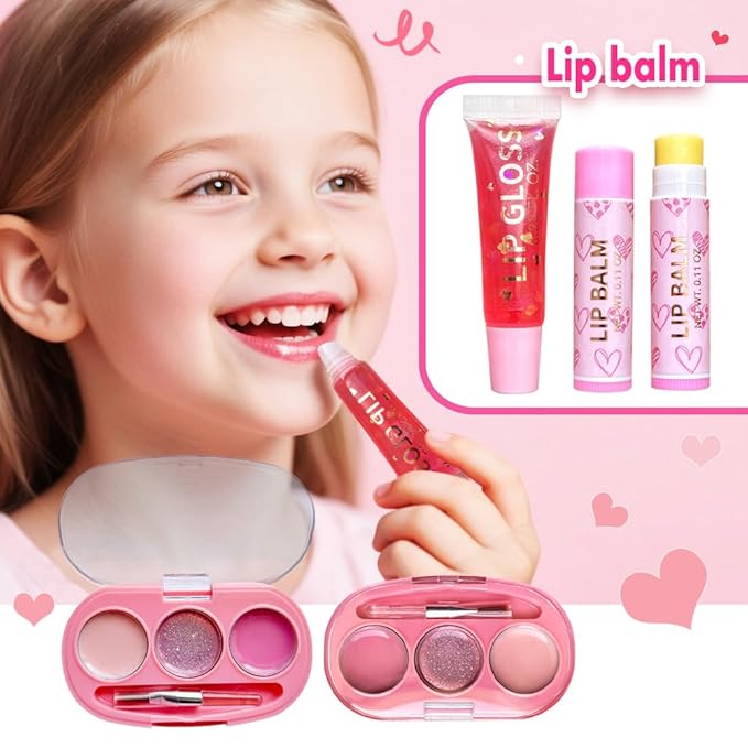 4-Piece Heart Charm Beauty Bundle - Squeeze Gloss and Lip Care and Make up Set for Girls, Unicorn Jewelry Gift Set for Teens