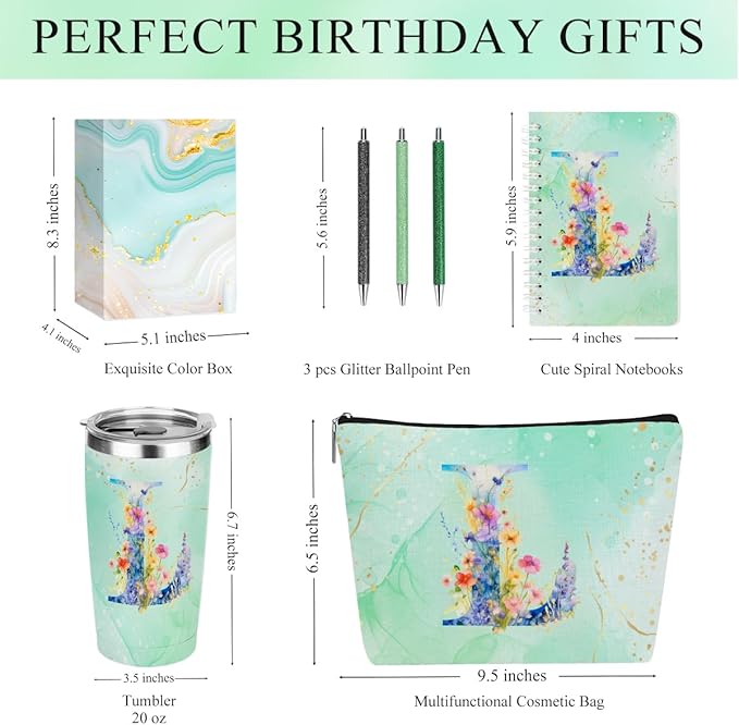 Personalized Gifts Monogrammed Birthday Gifts for Women, Mama New Mom Thanksgiving Wedding Christmas Initial 20 oz Tumbler, Makeup Bag Cup Pens Journal Notebook 6 Set, (Aesthetic Green Flower L)