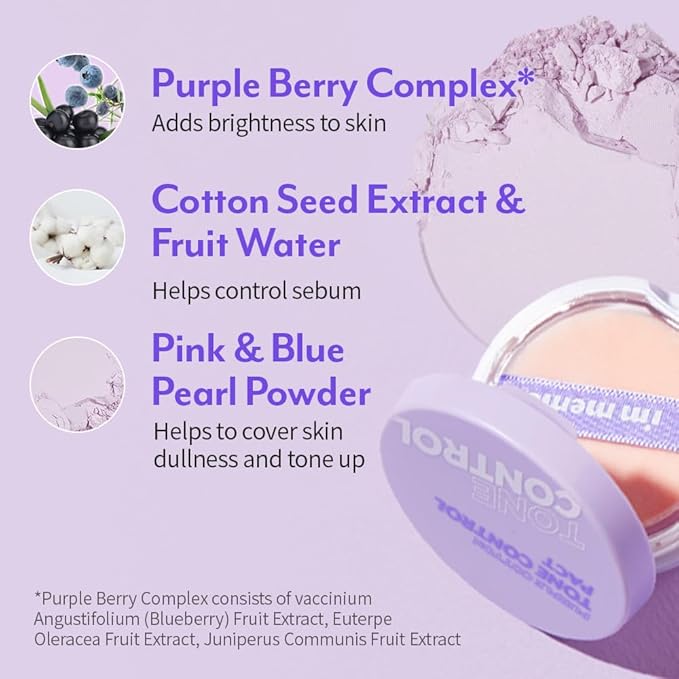 I'M MEME Compact - Purple Cotton Tone Control Pact | Korean Pressed Setting Powder With Berry Complex, Makeup Powder Foundation, Translucent Compact, Finishing Powder, Oil Free Face Powder, 0.35 Oz