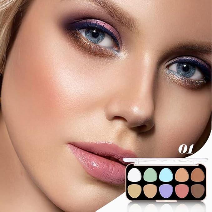 evpct 10 Colors Concealers Full Coverage Cream Contour Palette with Brush for Older Women, Under Eye Color Corrector Tri Color Pot Concealer Palette for Dark Circles Mature Skin Makeup, Waterproof, C1
