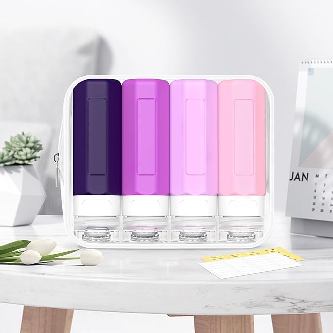 Redfly Travel Bottles for Toiletries, 3oz Tsa Approved Travel Size Containers, BPA Free Leak Proof Squeezable Containers for Toiletries, Silicone Refillable Essentials for Shampoo Conditioner Purple