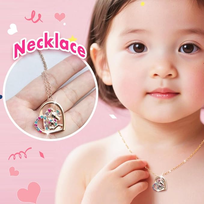 4-Piece Heart Charm Beauty Bundle - Squeeze Gloss and Lip Care and Make up Set for Girls, Unicorn Jewelry Gift Set for Teens