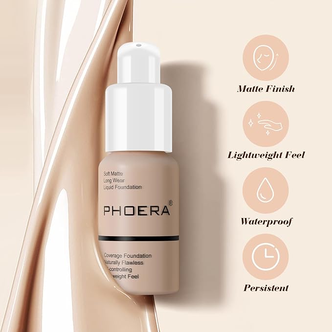 BestLand PHOERA Foundation Full Coverage Liquid Foundation Cream - Long-lasting Lightweight Concealer - Oil-Free Formula - Natural Shade - Suitable for All Skin Types (Buff Beige #104)