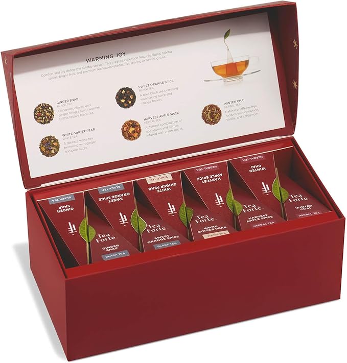 Tea Forte Warming Joy Holiday Premium Presentation Box Gift Set Sampler, 20 Count, 4 of Each Blend Individually Wrapped Handcrafted Pyramid Infuser Bags