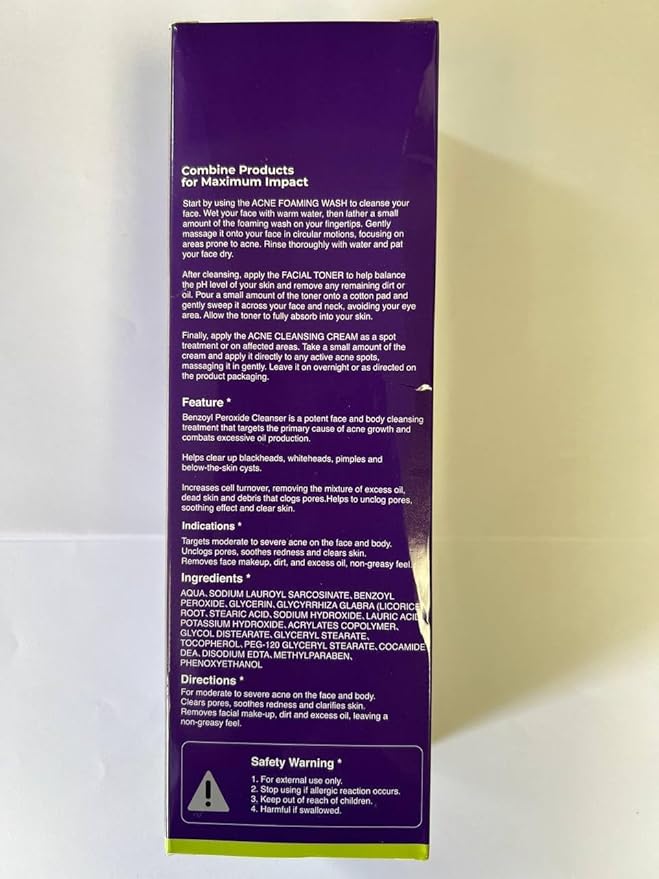 Acne Foaming Wash Cleanser, Benzoyl Peroxide Acne Treatment for Face, Body, pH Balancing - Fragrance-Free Foam Face Wash Moisturizer with Licorice Root, Vitamin E, Antioxidants 250ml.