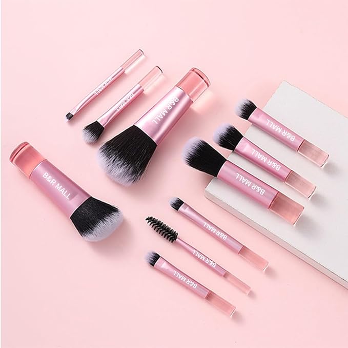 B&R MALL Mini Makeup Brush Set – Super Soft Brushes for Flawless Foundation, Concealer, Eyeshadow & More | 10-Piece Compact Brush Kit with Stylish Storage Box, Perfect for On-the-Go Touch-Ups (Pink)